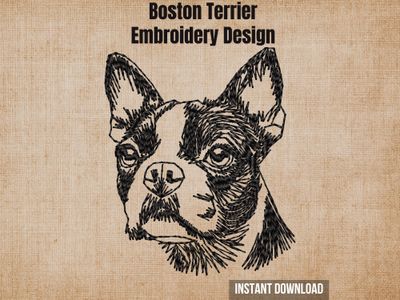 Digital render of a Boston Terrier blackwork embroidery design on textured fabric with text.