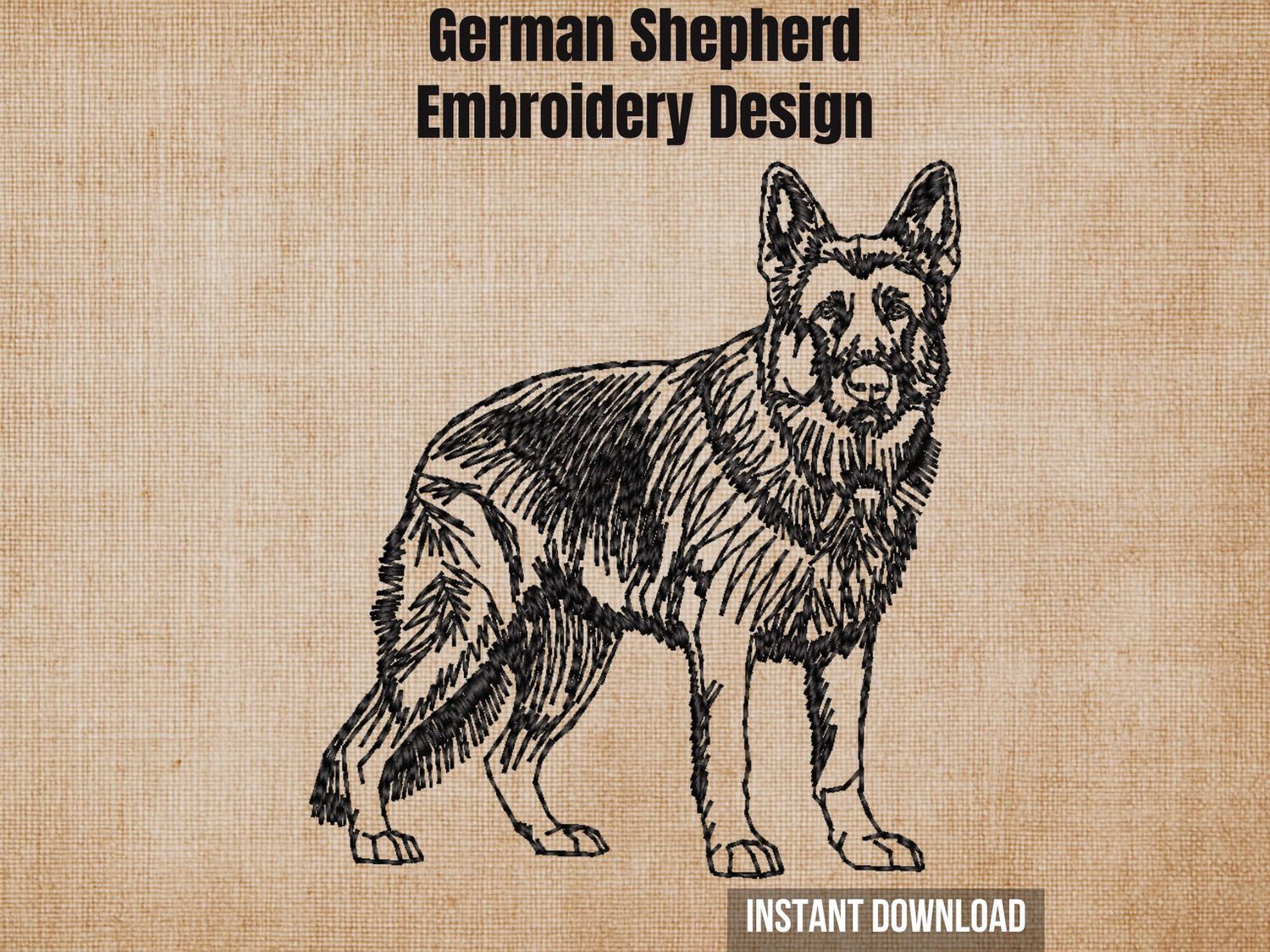 Textured background highlighting the German Shepherd sketch style machine embroidery design with an instant download badge