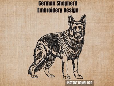 Textured background highlighting the German Shepherd sketch style machine embroidery design with an instant download badge
