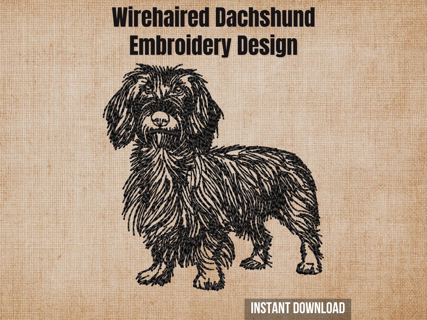 Black sketch-style embroidery of a Wirehaired Dachshund, on a textured beige fabric background with text.