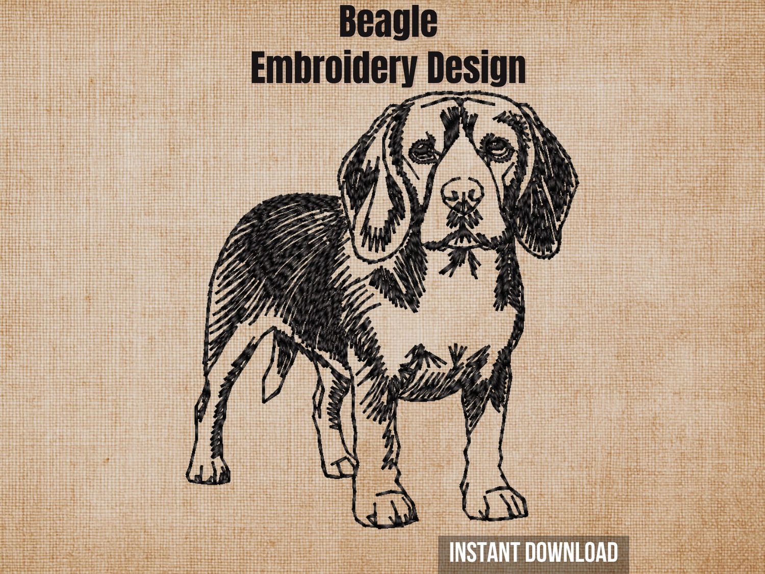 Digital render of a full-body blackwork outline Beagle embroidery design on textured fabric with text.
