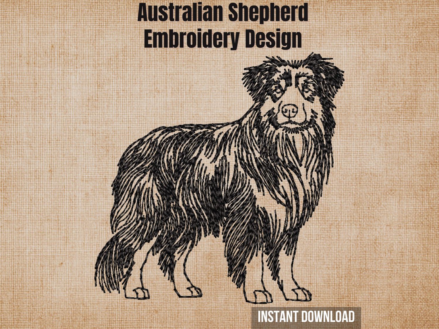 Digital render of a full-body blackwork outline Australian Shepherd embroidery design on textured fabric with title and text.