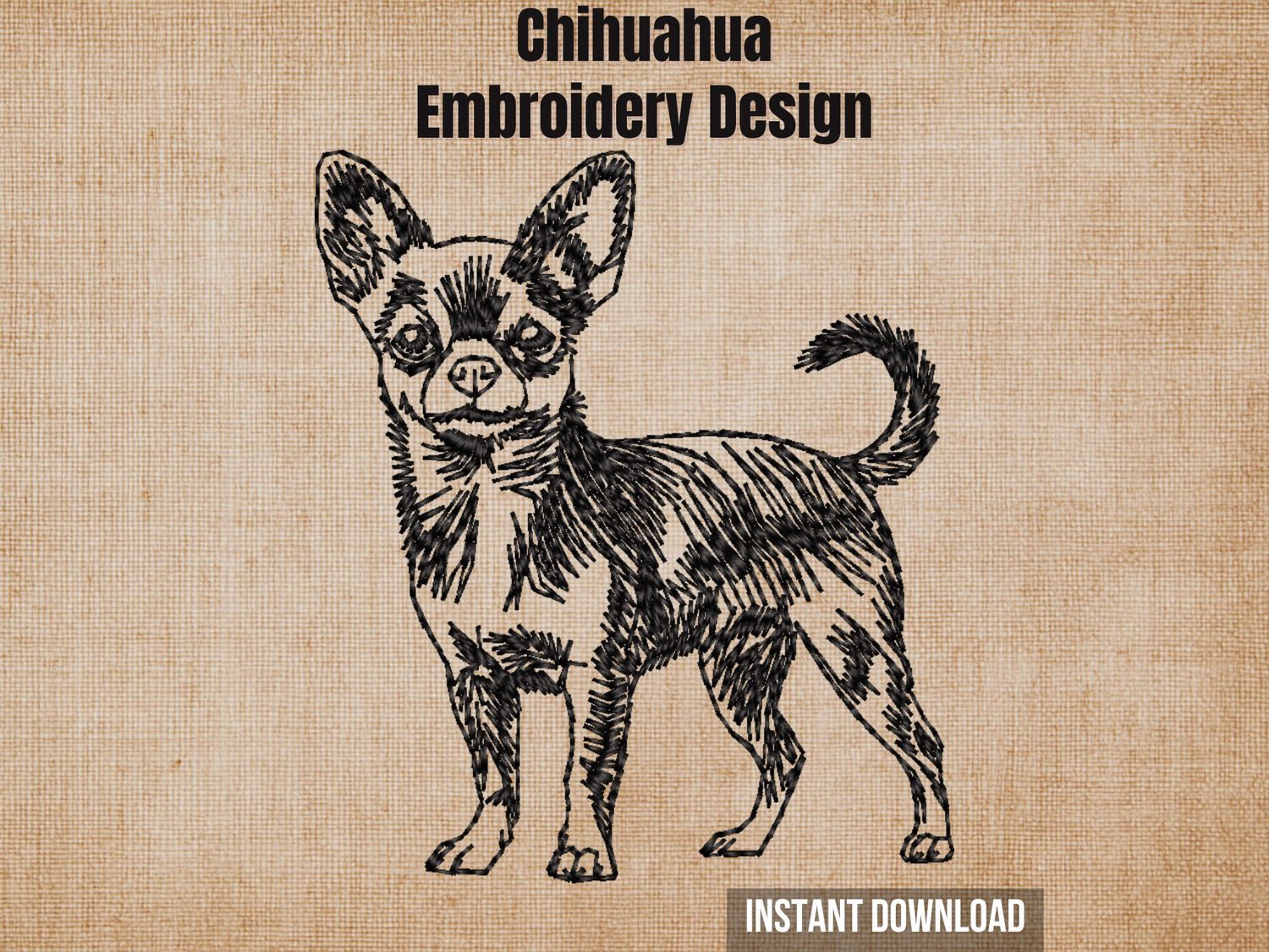 Digital render of a full-body blackwork outline Chihuahua embroidery design on textured fabric with text.