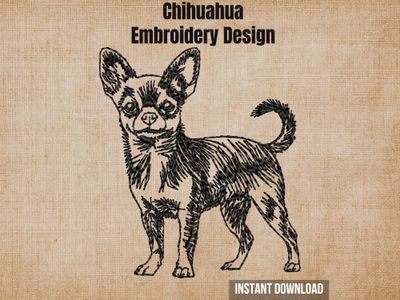 Digital render of a full-body blackwork outline Chihuahua embroidery design on textured fabric with text.