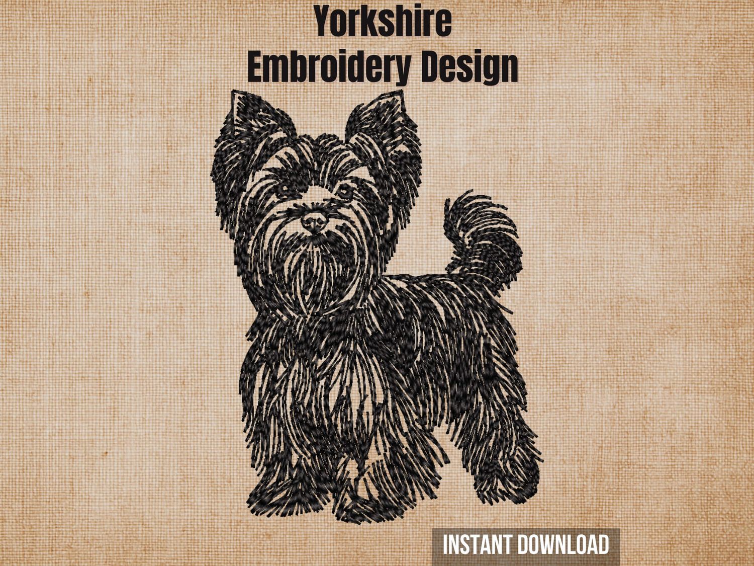 Digital render of a full-body blackwork outline Yorkshire Terrier embroidery design on textured fabric with text.