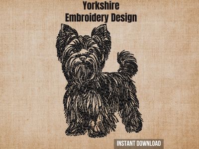 Digital render of a full-body blackwork outline Yorkshire Terrier embroidery design on textured fabric with text.