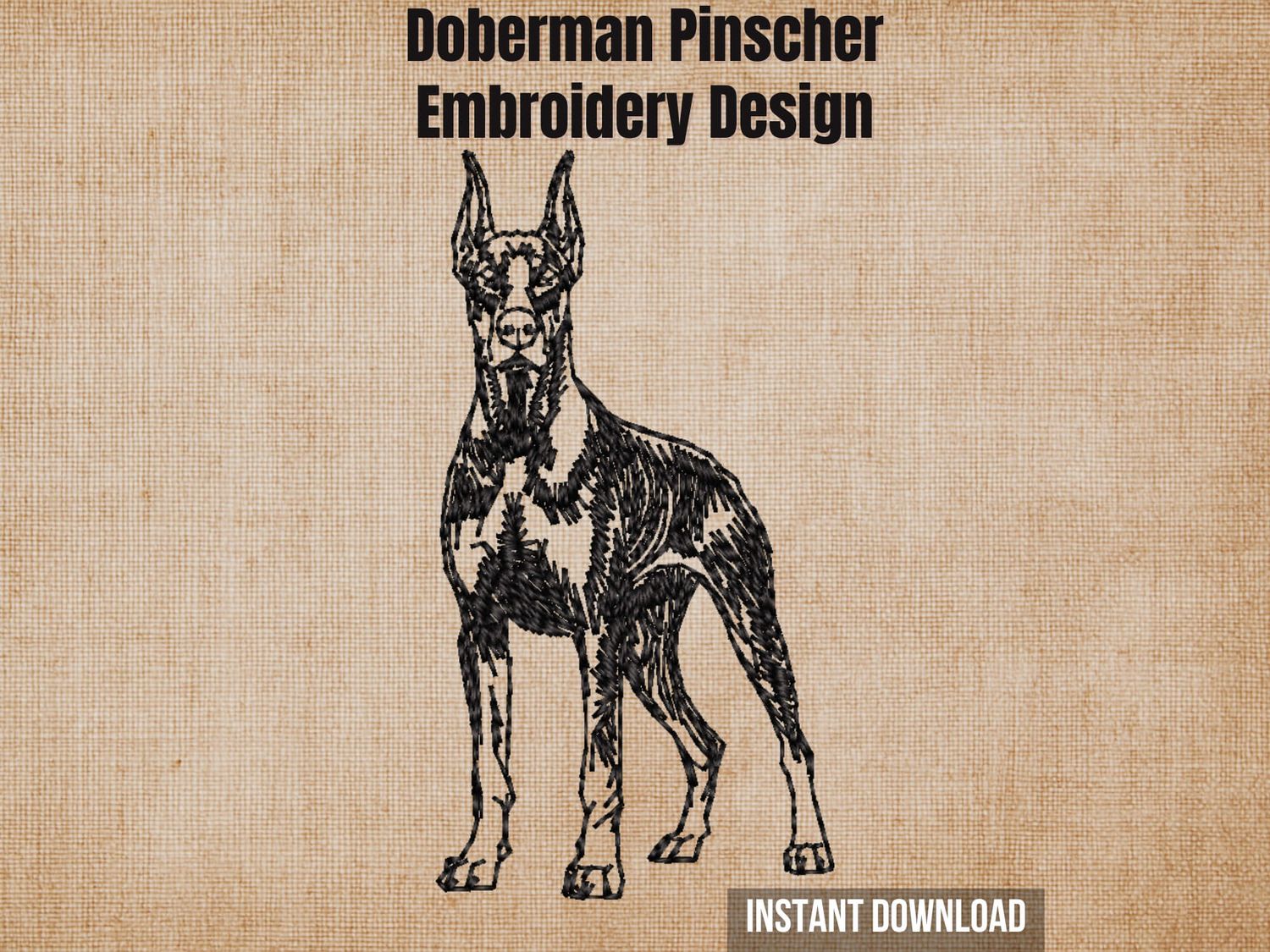 Burlap background highlighting the Doberman Pinscher sketch style machine embroidery design with an instant download badge