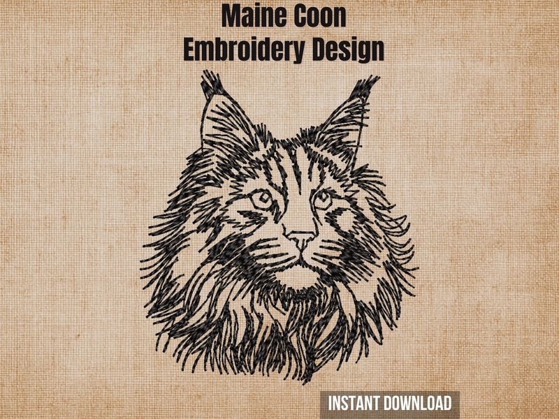 Digital render of a Maine Coon cat blackwork embroidery design on textured fabric with text.