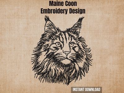 Digital render of a Maine Coon cat blackwork embroidery design on textured fabric with text.