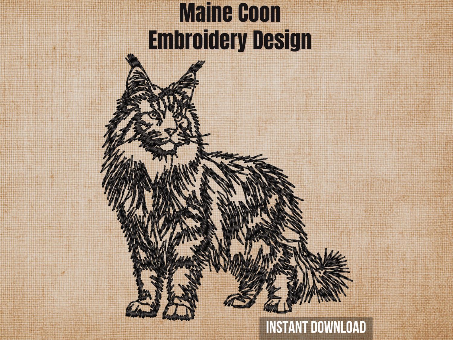 Textured burlap background highlighting the Maine Coon sketch style machine embroidery design with an instant download tag