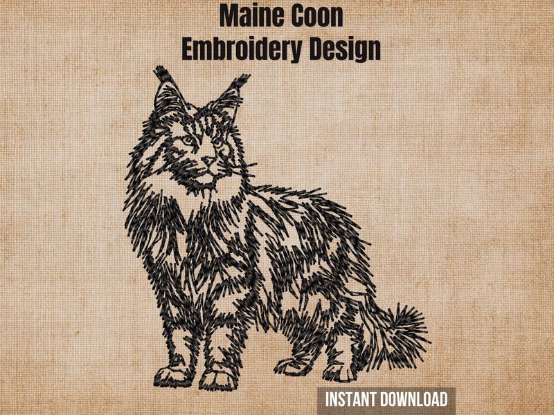 Textured burlap background highlighting the Maine Coon sketch style machine embroidery design with an instant download tag