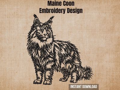 Textured burlap background highlighting the Maine Coon sketch style machine embroidery design with an instant download tag