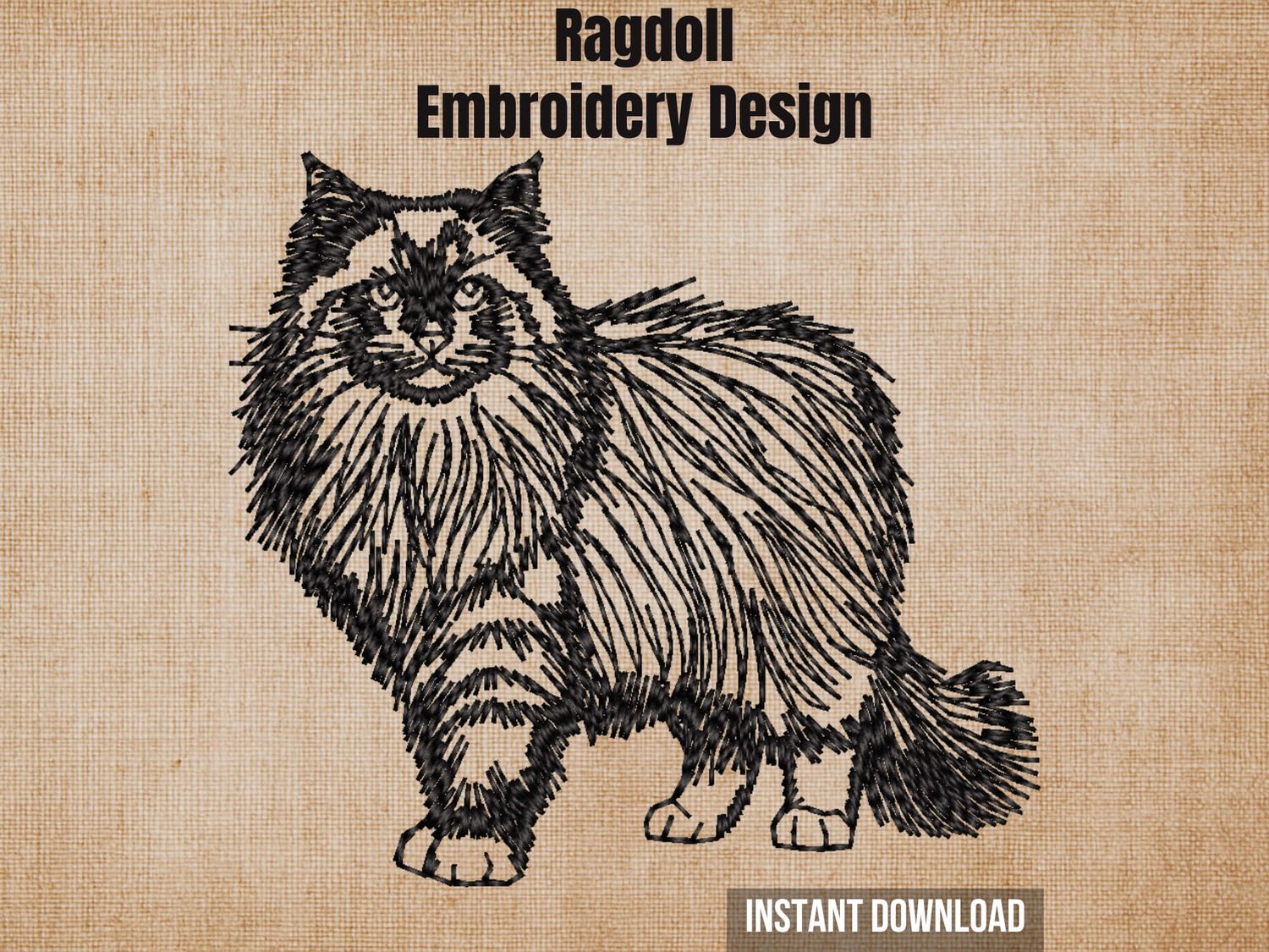 Digital render of a Ragdoll cat blackwork embroidery design on textured fabric with text.