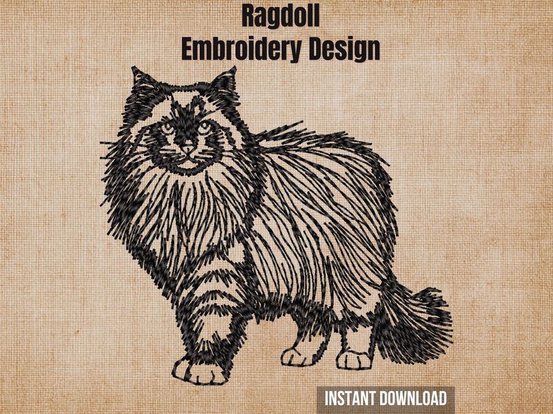 Digital render of a Ragdoll cat blackwork embroidery design on textured fabric with text.