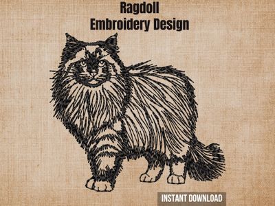 Digital render of a Ragdoll cat blackwork embroidery design on textured fabric with text.