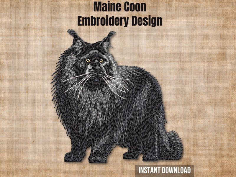 Burlap background highlighting the Black Maine Coon full-body machine embroidery design with an instant download tag