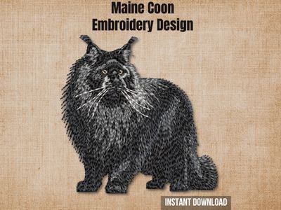 Burlap background highlighting the Black Maine Coon full-body machine embroidery design with an instant download tag