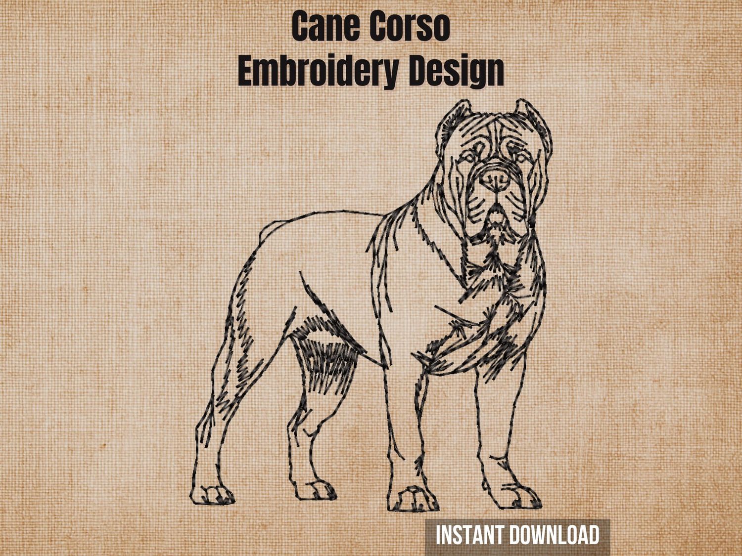 Cane Corso embroidery design graphic showing a detailed black sketch of a muscular dog on a textured beige background.