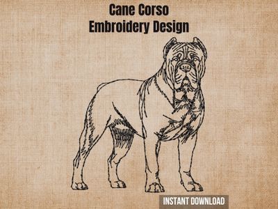 Cane Corso embroidery design graphic showing a detailed black sketch of a muscular dog on a textured beige background.