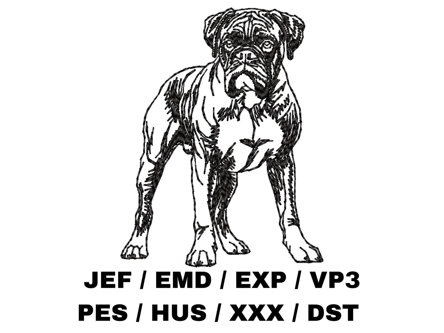 A black sketch embroidery design of a standing Boxer dog, centered above listed digital embroidery file formats.