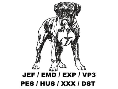 A black sketch embroidery design of a standing Boxer dog, centered above listed digital embroidery file formats.