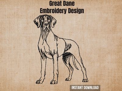 Digital render of a Great Dane embroidery design file with title and format text labels.