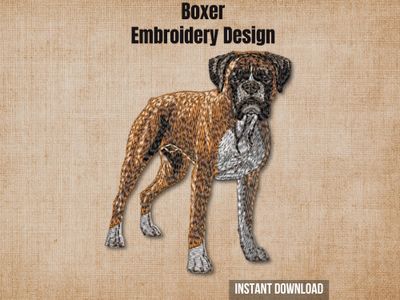 Digital render of a realistic full-body Boxer dog embroidery design on textured fabric with text.