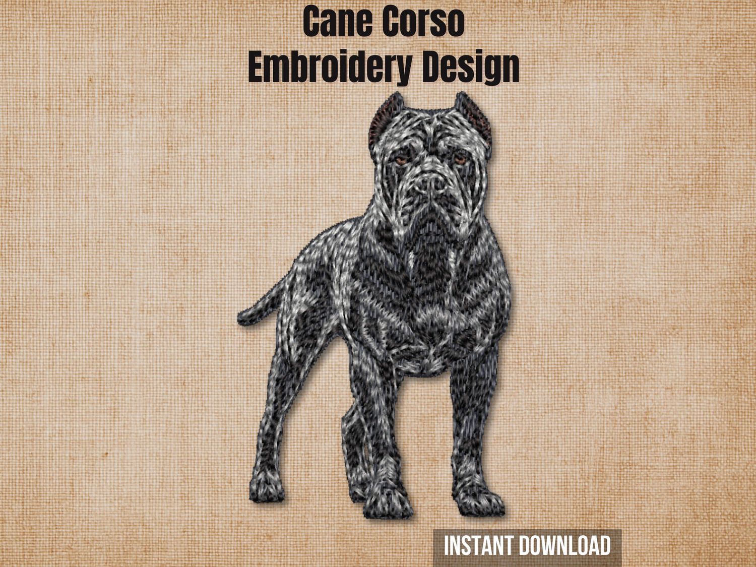 Digital render of a full-body black Cane Corso embroidery design on textured fabric with text.