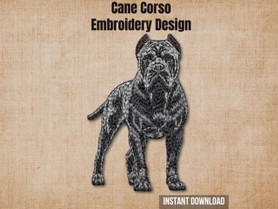 Digital render of a full-body black Cane Corso embroidery design on textured fabric with text.