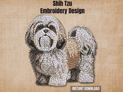 Textured burlap background highlighting the Shih Tzu full-body machine embroidery design with an instant download badge