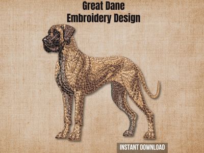 Textured burlap background highlighting the Great Dane full-body machine embroidery design with an instant download badge
