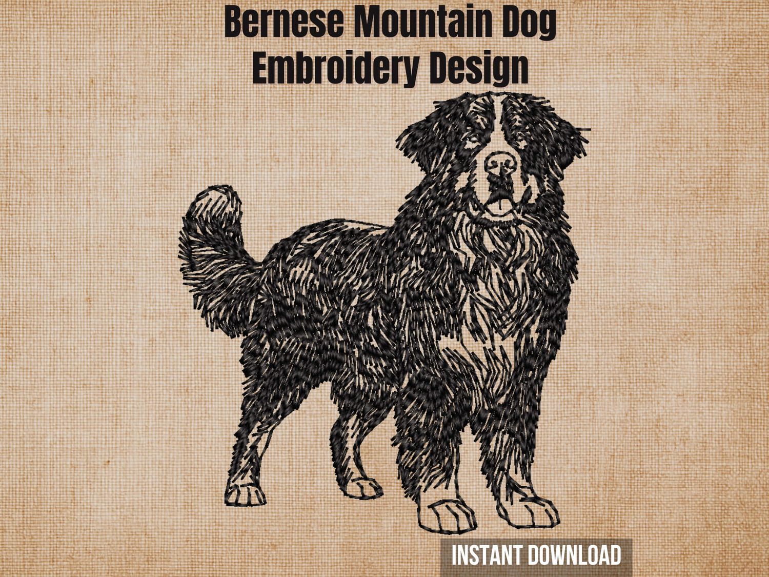 Digital render of a full-body blackwork outline Bernese Mountain Dog embroidery design on textured fabric with text.