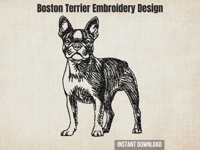 Black sketch-style embroidery design of a standing Boston Terrier dog, featured on a textured beige fabric background.