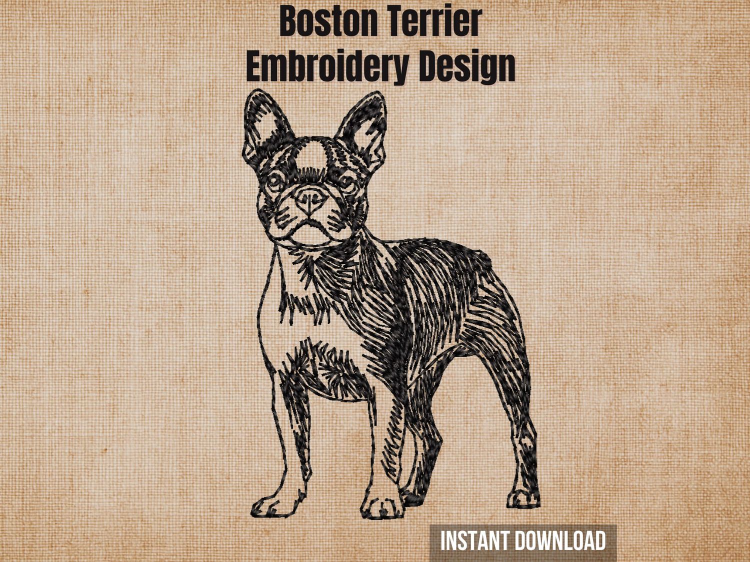 Mockup of a digital Boston Terrier embroidery design on textured fabric with title and text.