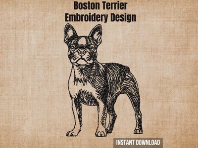 Mockup of a digital Boston Terrier embroidery design on textured fabric with title and text.