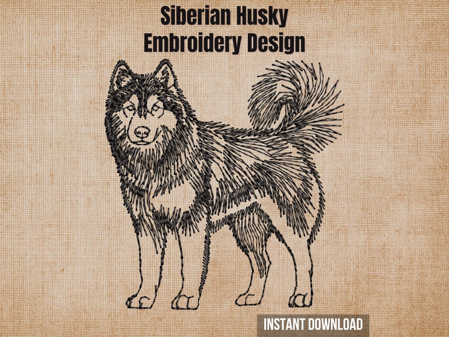 Siberian Husky embroidery design mockup on a beige linen background with "Instant Download" text.