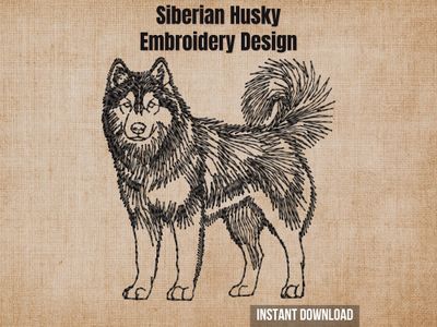 Siberian Husky embroidery design mockup on a beige linen background with "Instant Download" text.