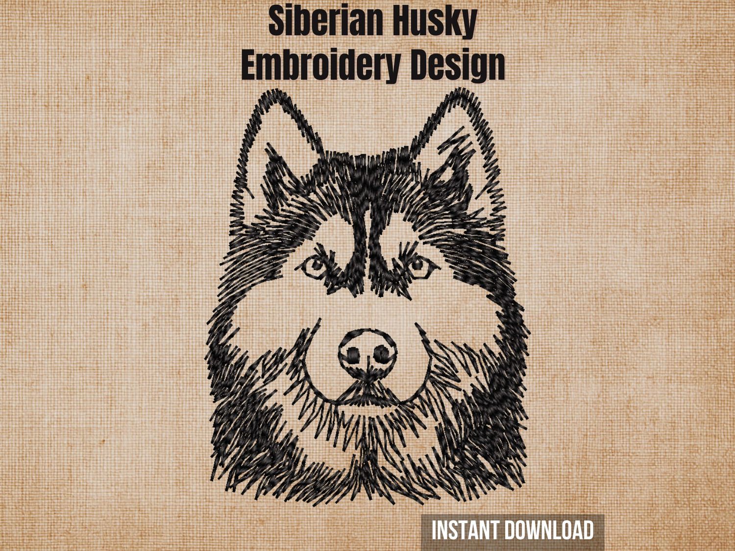 Digital render of a Siberian Husky head embroidery design with title and format text labels.