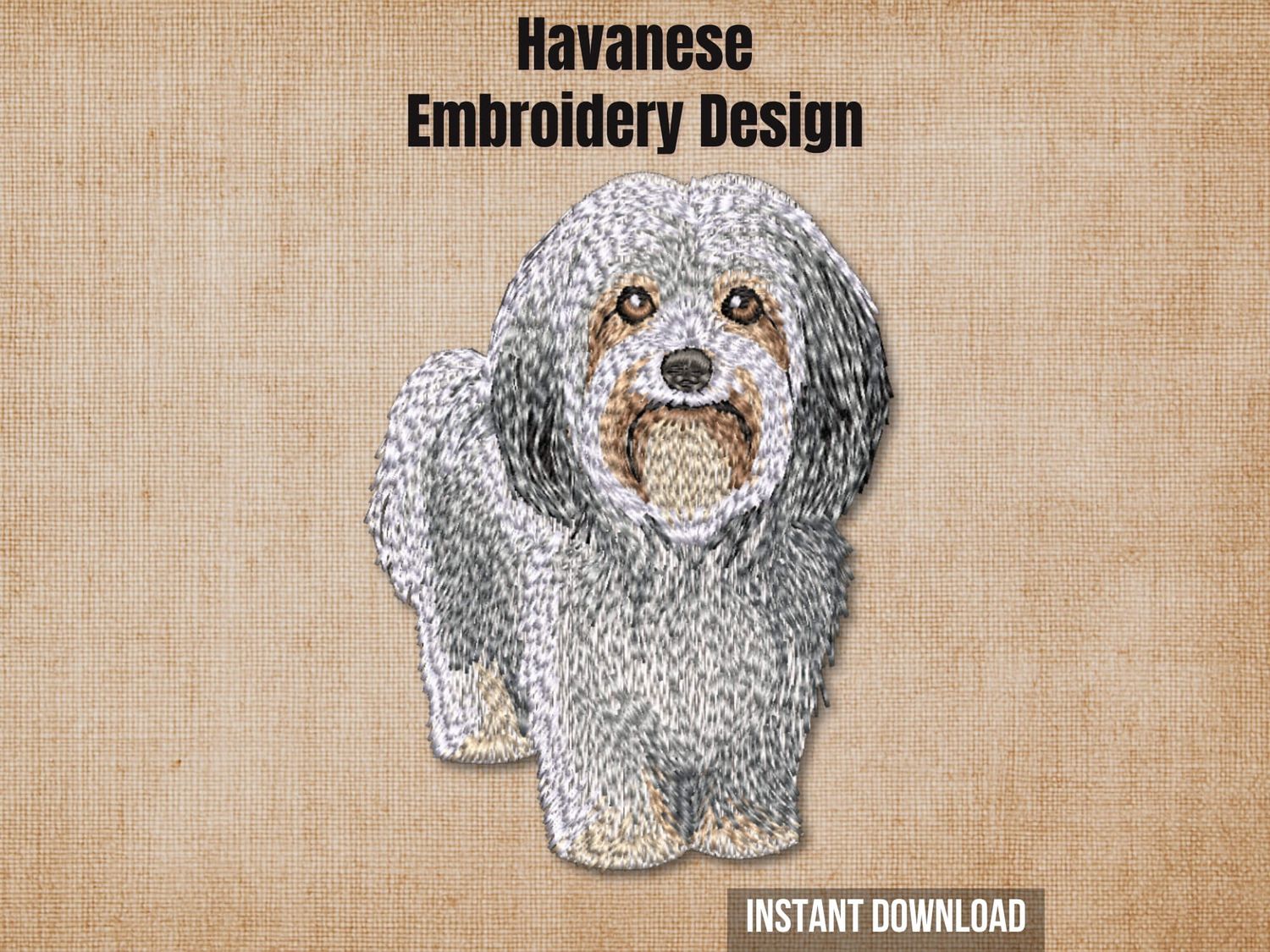 Havanese embroidery design graphic showing a realistic stitched dog on a textured, rustic beige background.