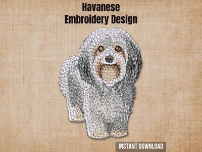 Havanese embroidery design graphic showing a realistic stitched dog on a textured, rustic beige background.