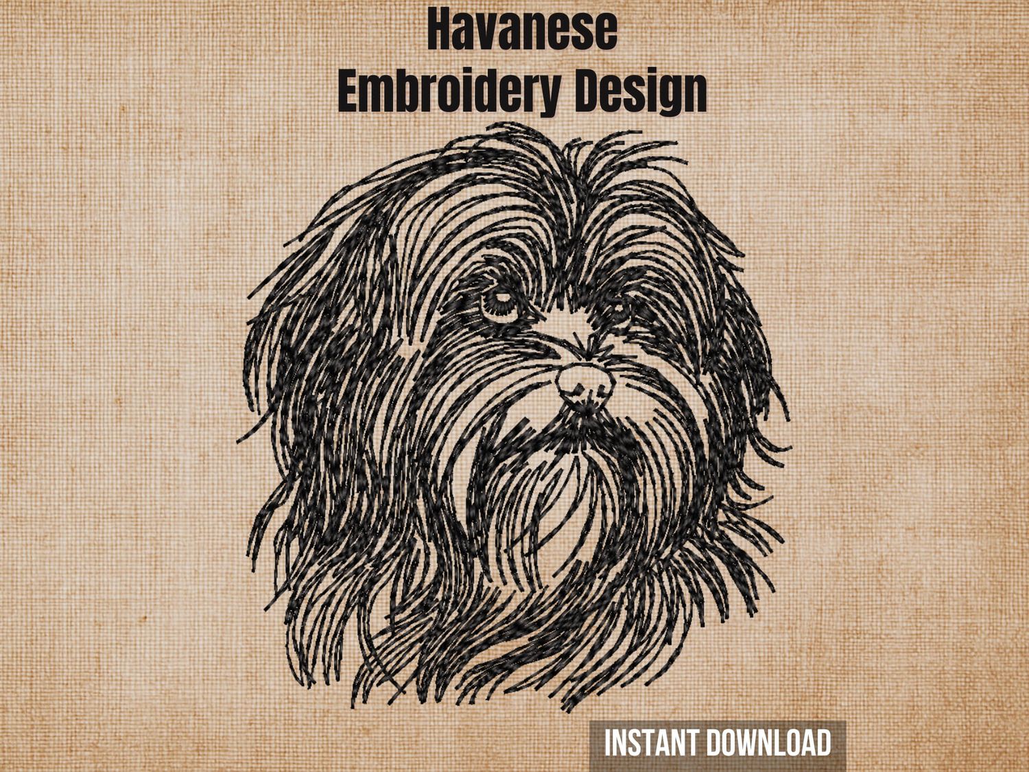 Digital render of a Havanese outline sketch embroidery design on textured fabric with title and text.