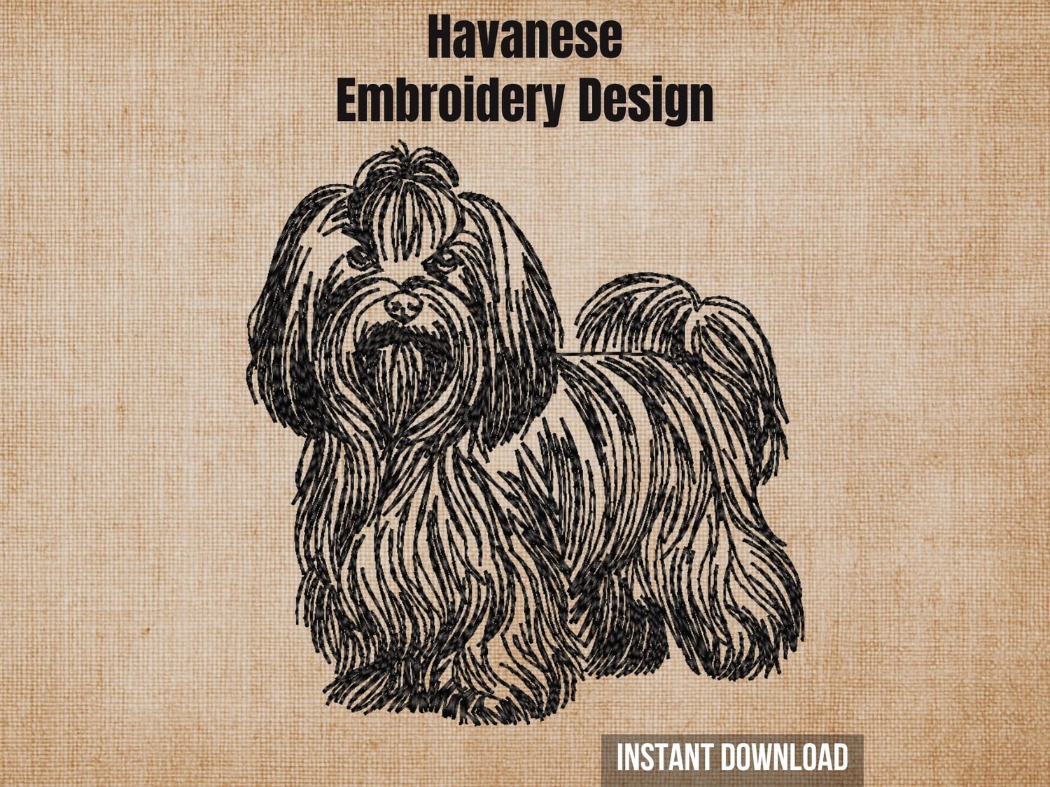 Havanese embroidery design mockup on a textured brown background with "Instant Download" text.