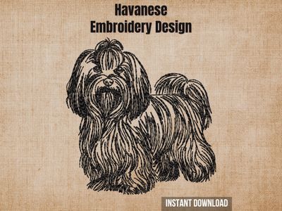 Havanese embroidery design mockup on a textured brown background with "Instant Download" text.
