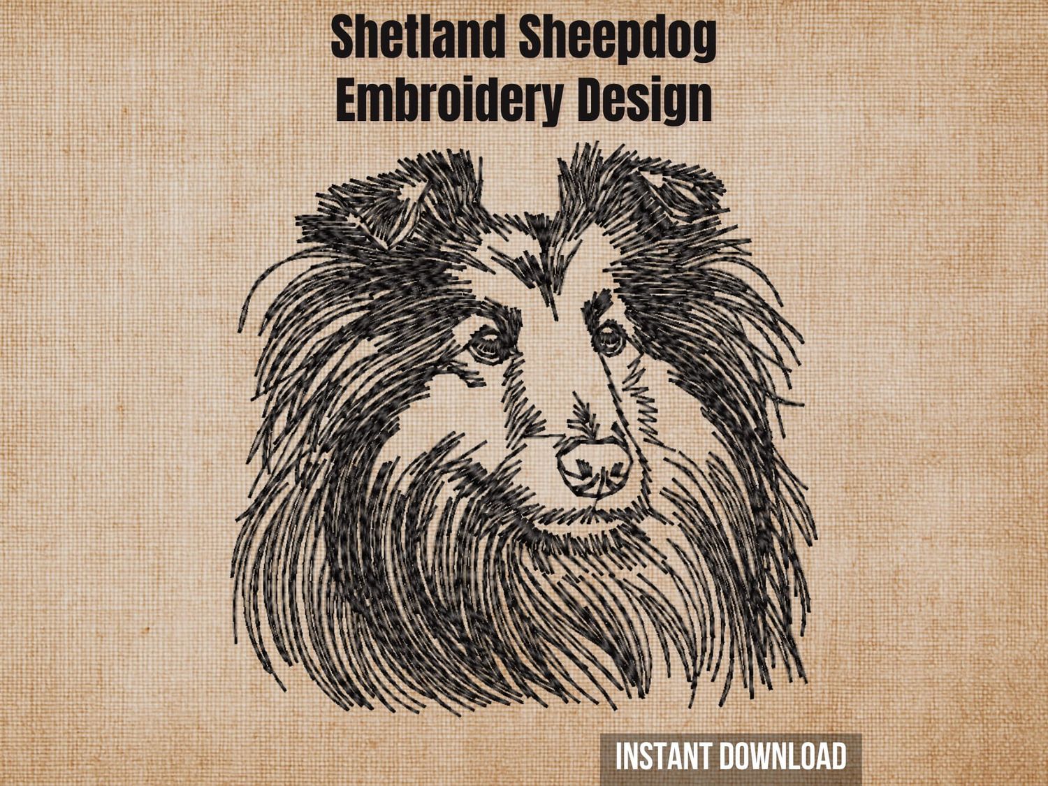 Shetland Sheepdog embroidery design mockup on a textured brown background with "Instant Download" text.