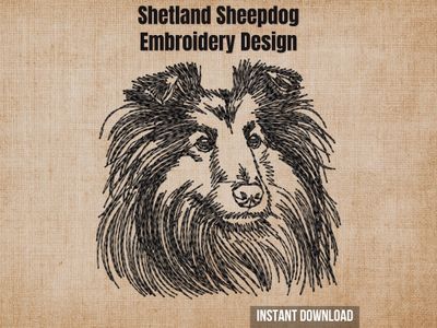 Shetland Sheepdog embroidery design mockup on a textured brown background with "Instant Download" text.