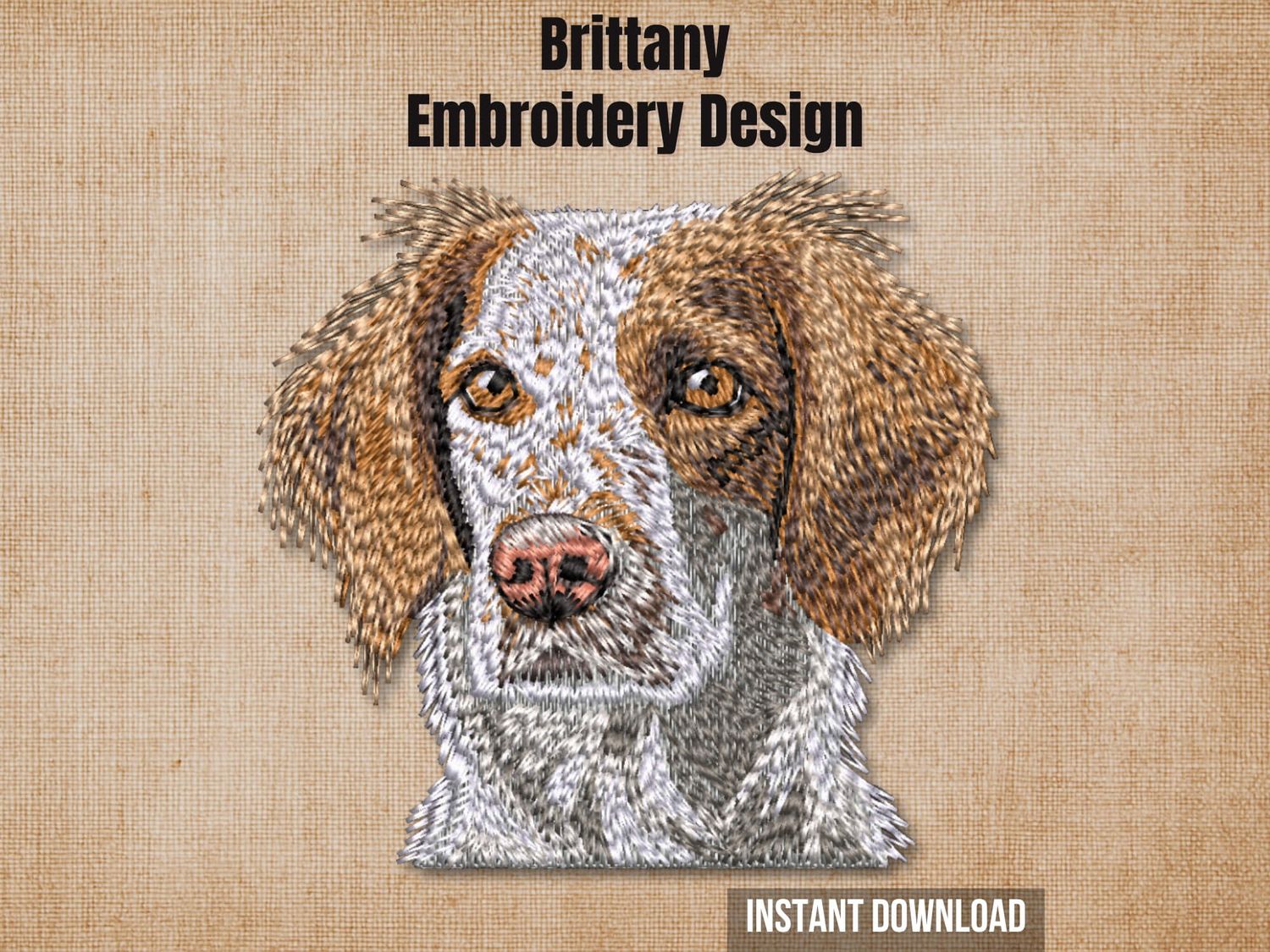 Brittany Spaniel embroidery design graphic showing a detailed stitched dog portrait on a rustic beige background.
