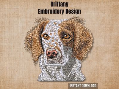 Brittany Spaniel embroidery design graphic showing a detailed stitched dog portrait on a rustic beige background.