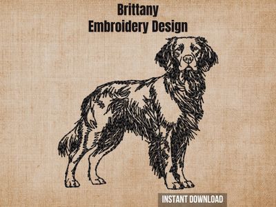 Brittany Spaniel embroidery design graphic showing a detailed black sketch of a dog on a textured beige background.