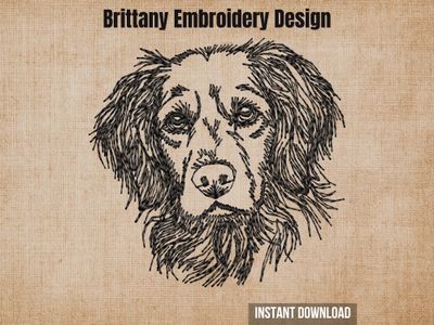 Black sketch-style embroidery of a Brittany Spaniel head, on a textured beige fabric background with heading text.