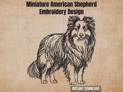Miniature American Shepherd embroidery graphic showing a detailed black sketch of a dog on a beige background.